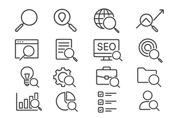 Poster - symbols representing search, analysis, and digital marketing concepts in a modern design