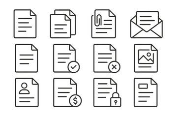 Poster - Documents and correspondence icons in simple black and white style illustrating various file types and communication