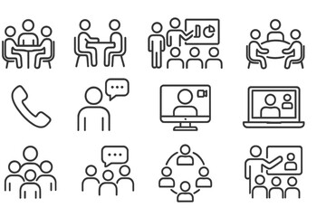 Poster - Collection of diverse communication and collaboration icons depicting meetings, discussions, and remote interactions