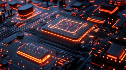 Poster - close-up of a glowing orange cpu on a dark circuit board.