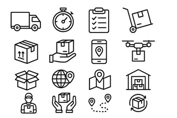 Poster - Delivery process icons showcasing transportation, tracking, and logistics operations in a warehouse environment