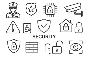 Poster - Security icons illustrating safety measures like surveillance, police, and locks for protection at homes and businesses