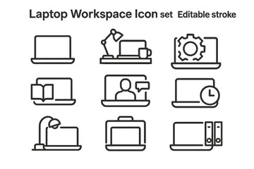 Poster - Collection of laptop workspace icons illustrating various office activities and tools in a minimalist style
