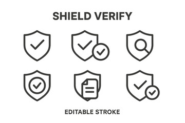 Poster - Collection of simple shield icons representing verification concepts and security measures with checkmarks