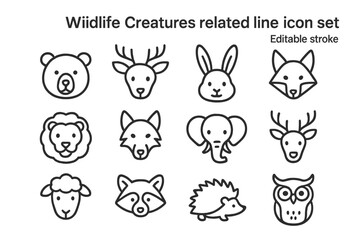 Poster - Wildlife creature line art icons featuring a bear, deer, rabbit, fox, lion, elephant, sheep, raccoon, hedgehog, and owl displayed in a grid format