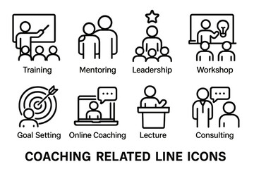 Poster - Various line icons representing coaching activities in a workshop setting during daytime