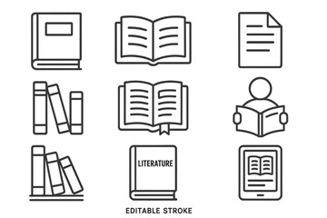 Poster - Collection of books and reading materials showcasing various types of literature and reading formats in simple illustrations
