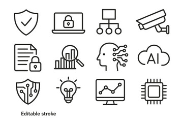 Poster - Icons representing security, technology, and artificial intelligence concepts in a digital workspace and innovation environment