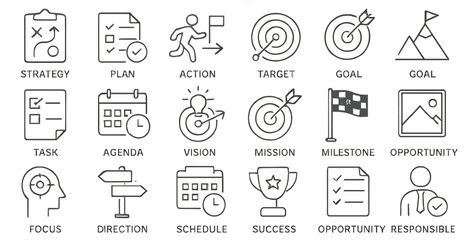 Poster - Creative icons representing strategic planning, targets, goals, and opportunities used in project management and team collaboration