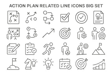 Poster - Variety of action plan related icons depicting strategies, goals, and achievements in minimalistic design