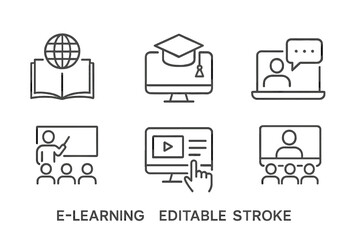 Poster - E-learning icons depicting various online education activities and digital learning tools showcased in a modern design
