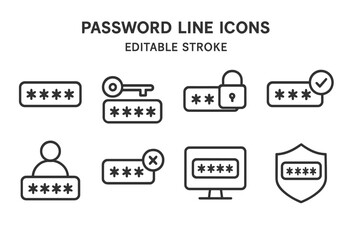 Poster - Password line icons representing security features for digital accounts and user authentication processes