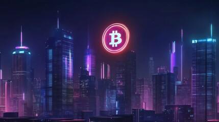 Poster - neon bitcoin symbol above a futuristic cityscape at night.