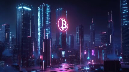Poster - neon cityscape at night with a large bitcoin symbol on a skyscraper.