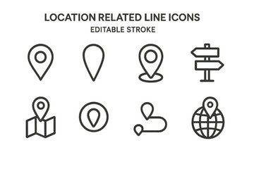 Poster - Collection of location related icons in line art style for navigation and mapping purposes