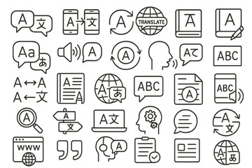 Poster - Various icons representing translation, language learning, and communication tools in a modern design