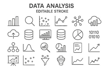 Aufkleber - Data analysis icons featuring graphs, charts, and database symbols in a minimalist design