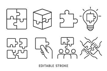 Poster - Creative problem solving with puzzle pieces in various forms and configurations for team collaboration