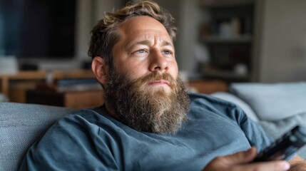 Poster - A man with a full beard and casual attire sits comfortably on a plush couch, holding a remote control, deeply focused on his favorite show. The room feels cozy and inviting