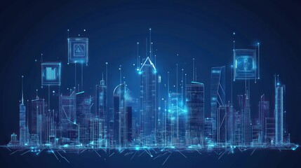 Poster - futuristic digital city skyline with glowing icons.