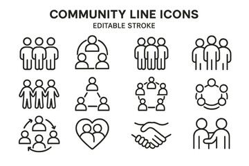 Poster - Community line icons for representing social interactions and connections in various settings