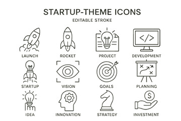 Aufkleber - Various startup-themed icons illustrating concepts like launch, vision, and strategy for business development