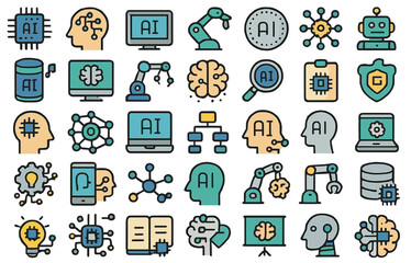 Aufkleber - Diverse icons representing artificial intelligence concepts and technology in a vibrant and engaging manner