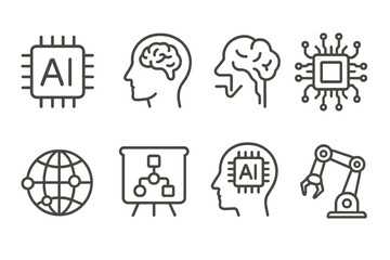 Aufkleber - Icons representing artificial intelligence and technology concepts with various elements such as brains, circuits, and global connections
