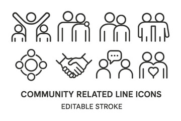 Poster - Community related line icons illustrating connection, teamwork, and collaboration between individuals and groups