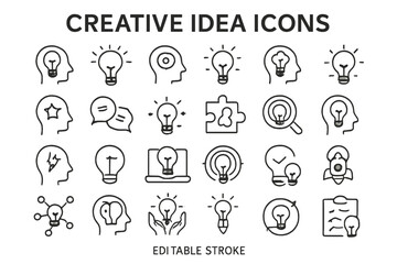 Poster - Collection of creative idea icons featuring light bulbs and brain illustrations for innovative thinking and brainstorming activities
