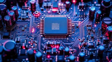 Poster - Close-up of illuminated circuit board with central processor.