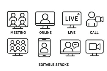 Poster - Visual symbols representing online meetings and live calls through various digital platforms and devices in modern communication