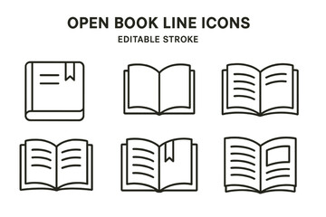 Poster - Collection of open book line icons featuring different designs and styles for various applications