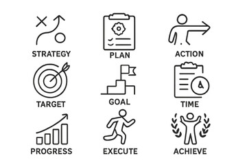 Poster - visual representation of strategic planning and goal achievement through action and progress trackin