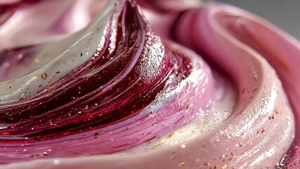 Poster - Close-up of pink and white swirling cosmetic cream and gel with golden glitter particles on the surface