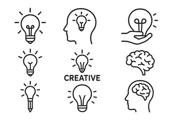 Poster - Creative ideas represented through light bulbs, brains, and hands in a simple illustrative style
