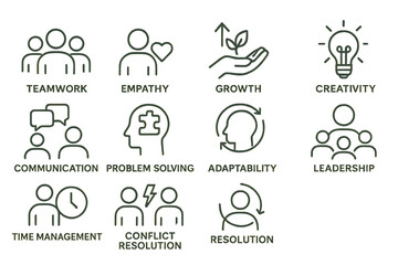 Poster - Diverse icons representing teamwork, empathy, and leadership skills for personal and professional growth