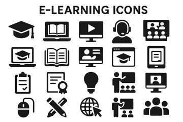 Poster - Collection of e-learning icons featuring diverse educational symbols and activities relevant to online learning environments