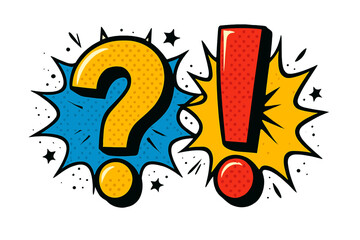 Poster - Bright and colorful pop art style question and exclamation marks with bursts showcasing excitement and inquiry