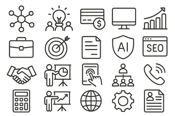 Poster - Collection of business and technology icons representing collaboration, financial planning, and data analysis in a corporate environment