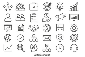 Aufkleber - Various business and productivity icons representing teamwork, finance, and strategy concepts for modern enterprises