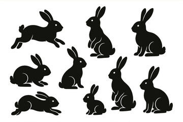 Poster - Various silhouettes of rabbits in different poses and sizes against a plain background perfect for artistic designs