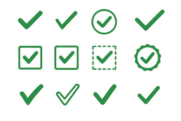 Poster - Various green check mark symbols representing confirmation and approval in graphic design