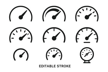 Poster - Collection of black and white gauge icons varying in design and size for data visualization and user interface applications