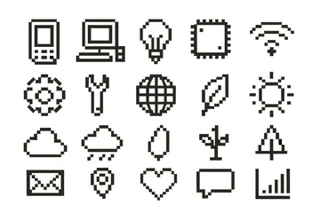 Fototapete - Collection of pixel art icons representing technology and nature in a modern design style