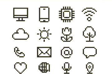 Poster - Vintage pixel art depicting technology and nature symbols representing connectivity and communication in digital style