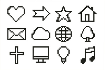 Poster - Collection of pixel art icons featuring various symbols representing love, direction, and communication in a minimalist style