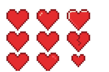 Poster - Pixel art hearts in various styles illustrating emotions from love to heartbreak in vibrant red colors