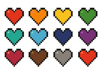 Poster - Colorful pixel hearts arranged in a grid pattern showcasing various shades and emotions