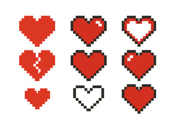 Poster - Pixel art hearts showcasing different styles and emotions in red and white colors on a simple background